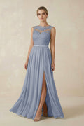 Lace A - Line Bateau Neck Chiffon Long Bridesmaid Dress in Twilight - SHE IS ME Bridesmaid Dresses