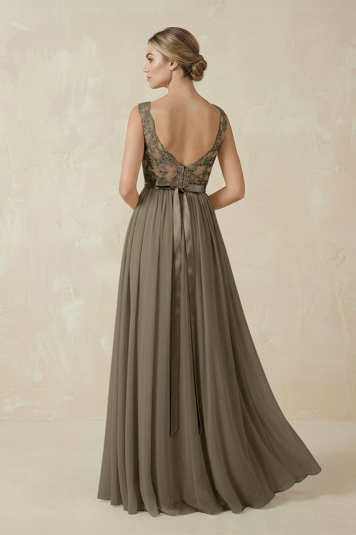 Lace A - Line Bateau Neck Chiffon Long Bridesmaid Dress in Willow Green - SHE IS ME Bridesmaid Dresses