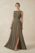 Lace A - Line Bateau Neck Chiffon Long Bridesmaid Dress in Willow Green - SHE IS ME Bridesmaid Dresses