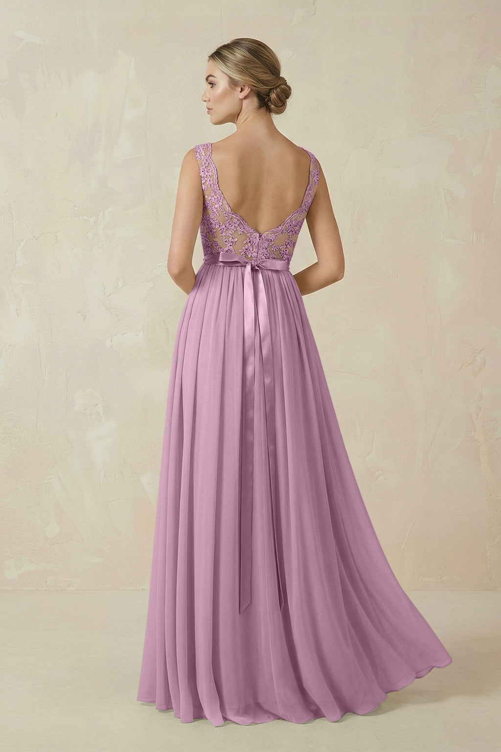 Lace A - Line Bateau Neck Chiffon Long Bridesmaid Dress in Wisteria - SHE IS ME Bridesmaid Dresses