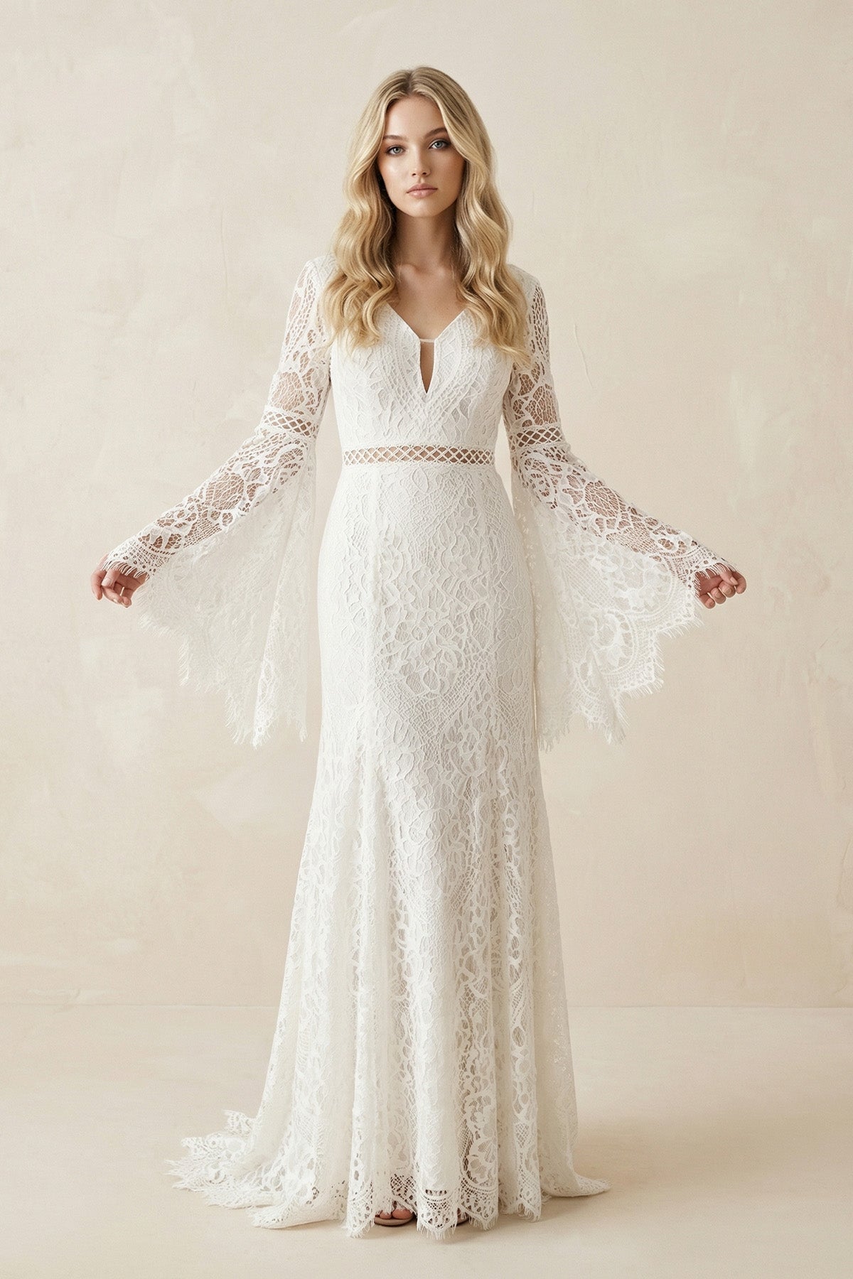 Lace A - Line Long Sleeve V - Neck Wedding Dress in White - Nude - SHE IS ME Wedding Dresses