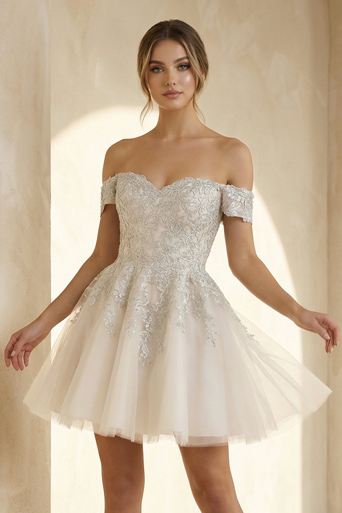 Lace Appliques A - Line Mini Wedding Dress in Ivory - SHE IS ME Wedding Dresses