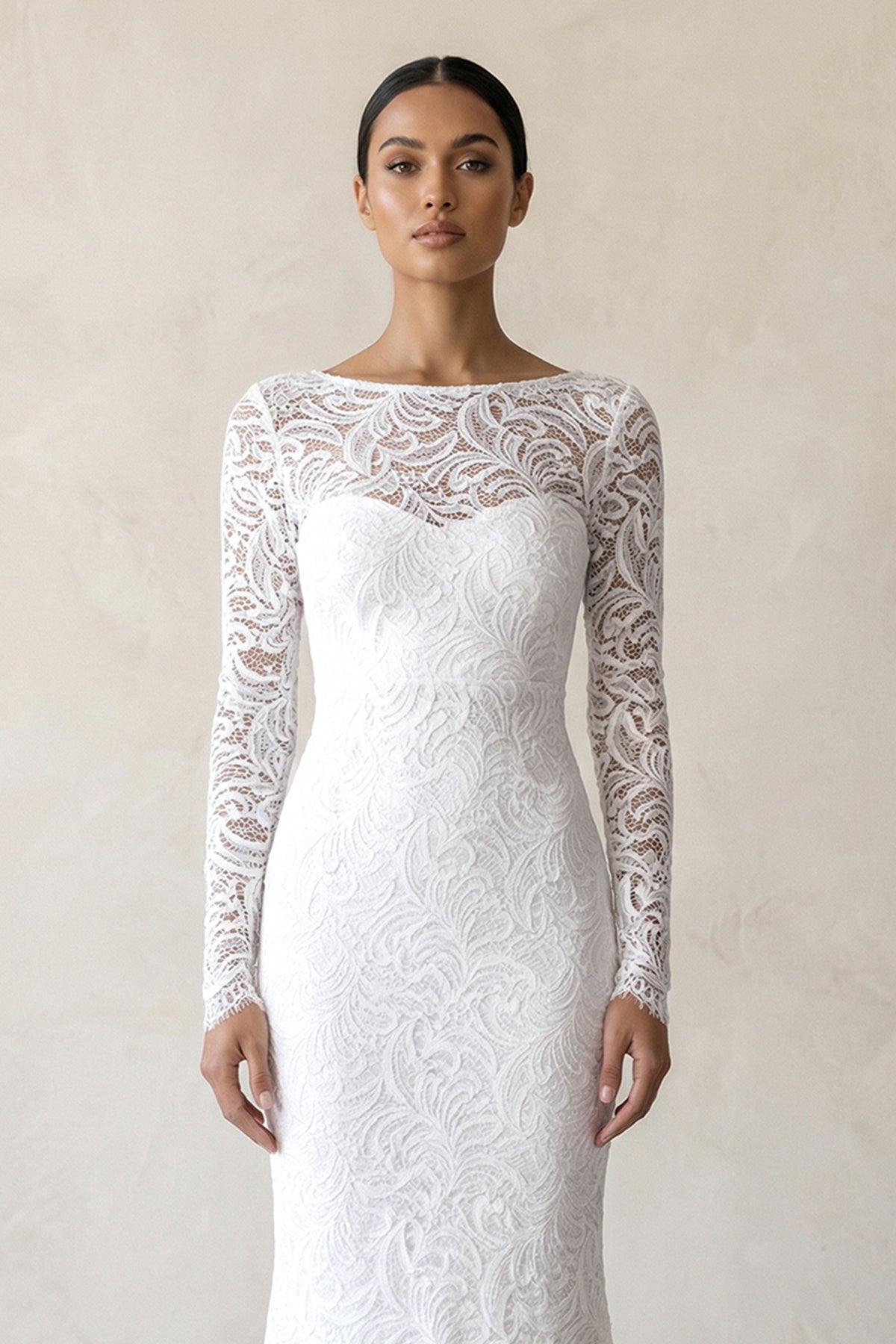 Lace Beatu Neck Sheath Wedding Dress in White - SHE IS ME Wedding Dresses
