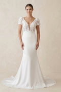 Lace Cap Sleeve Satin V - Neck Mermaid Wedding Dress in White - SHE IS ME Wedding Dresses