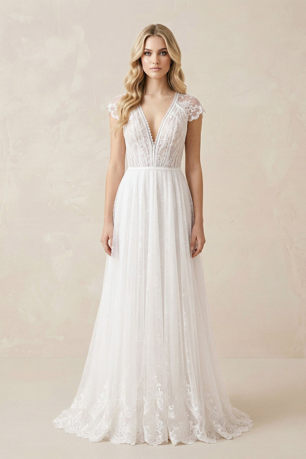 Lace Cap Sleeve V - Neck A - Line Tulle Wedding Dress in White - SHE IS ME Wedding Dresses