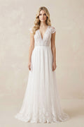 Lace Cap Sleeve V - Neck A - Line Tulle Wedding Dress in White - SHE IS ME Wedding Dresses