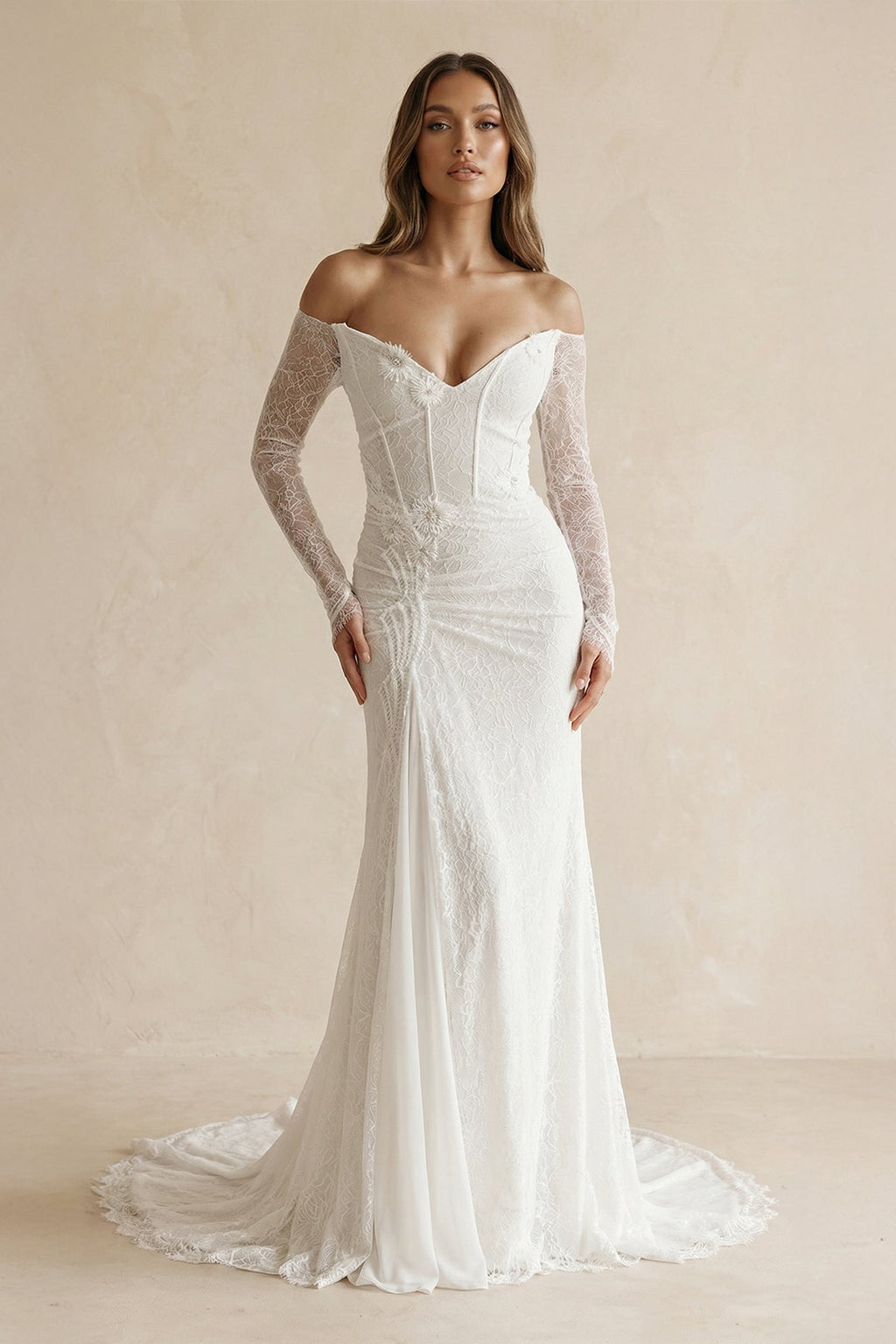 Lace Floral Corset Off - the - Shoulder Wedding Dress in Ivory - SHE IS ME Wedding Dresses