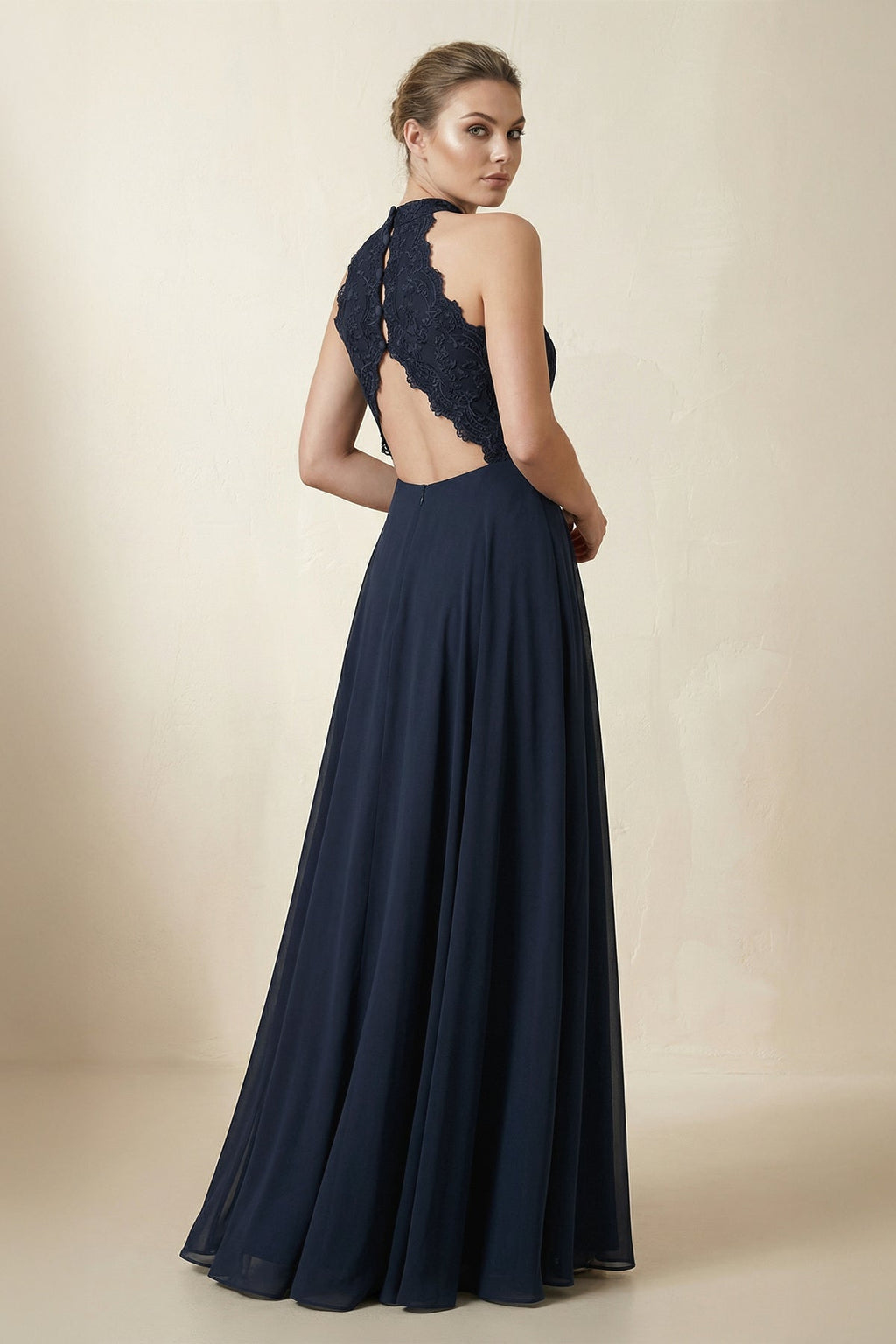 Lace Halter A - Line Chiffon Bridesmaid Dress in Dark Navy - SHE IS ME Bridesmaid Dresses