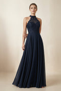 Lace Halter A - Line Chiffon Bridesmaid Dress in Dark Navy - SHE IS ME Bridesmaid Dresses