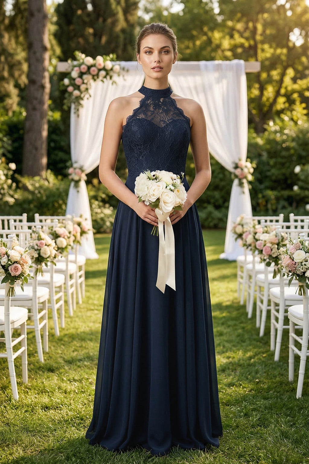 Lace Halter A - Line Chiffon Bridesmaid Dress in Dark Navy - SHE IS ME Bridesmaid Dresses