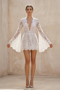 Lace Long Sleeve Illusion Neck Mini Wedding Dress in Ivory - SHE IS ME Wedding Dresses