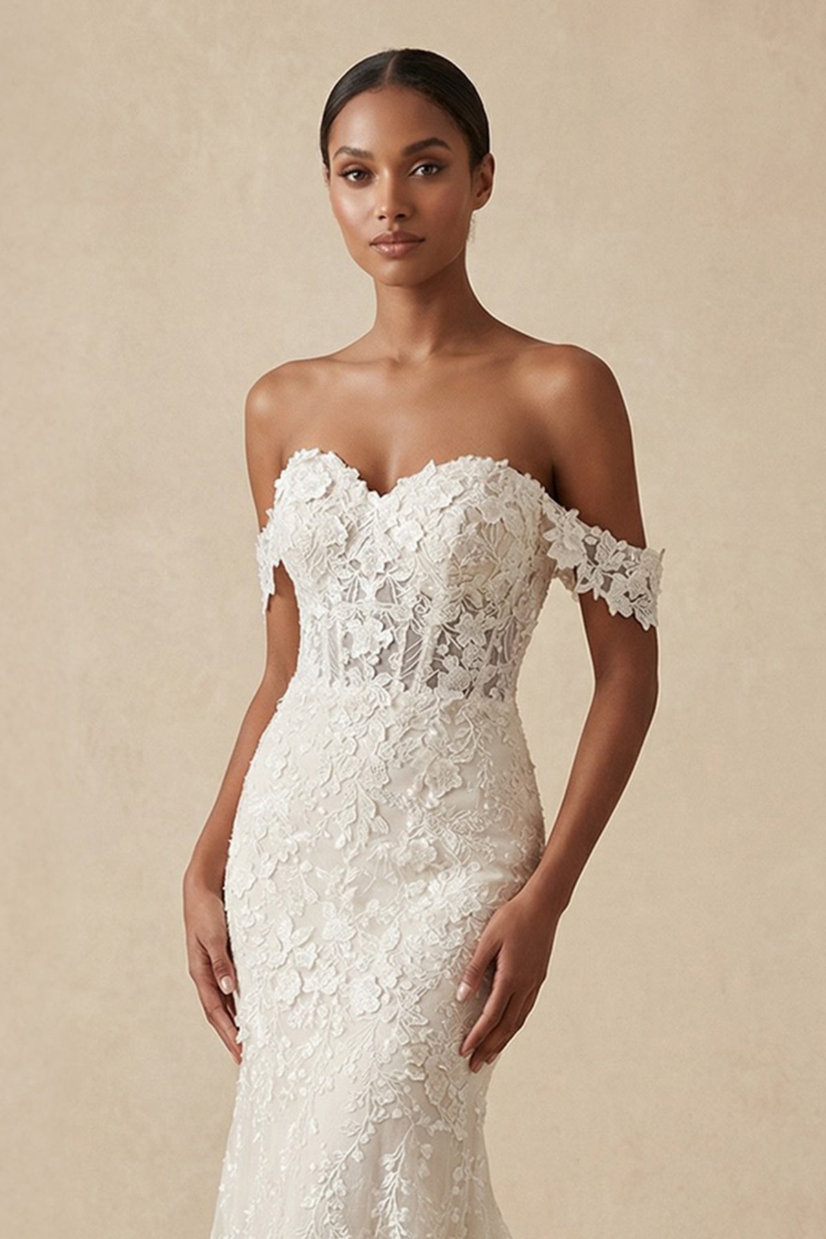 Lace Off - the - Shoulder Mermaid Wedding Dress in Ivory - SHE IS ME Wedding Dresses