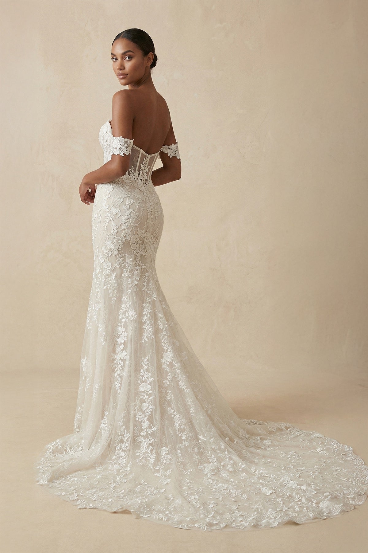 Lace Off - the - Shoulder Mermaid Wedding Dress in Ivory - SHE IS ME Wedding Dresses
