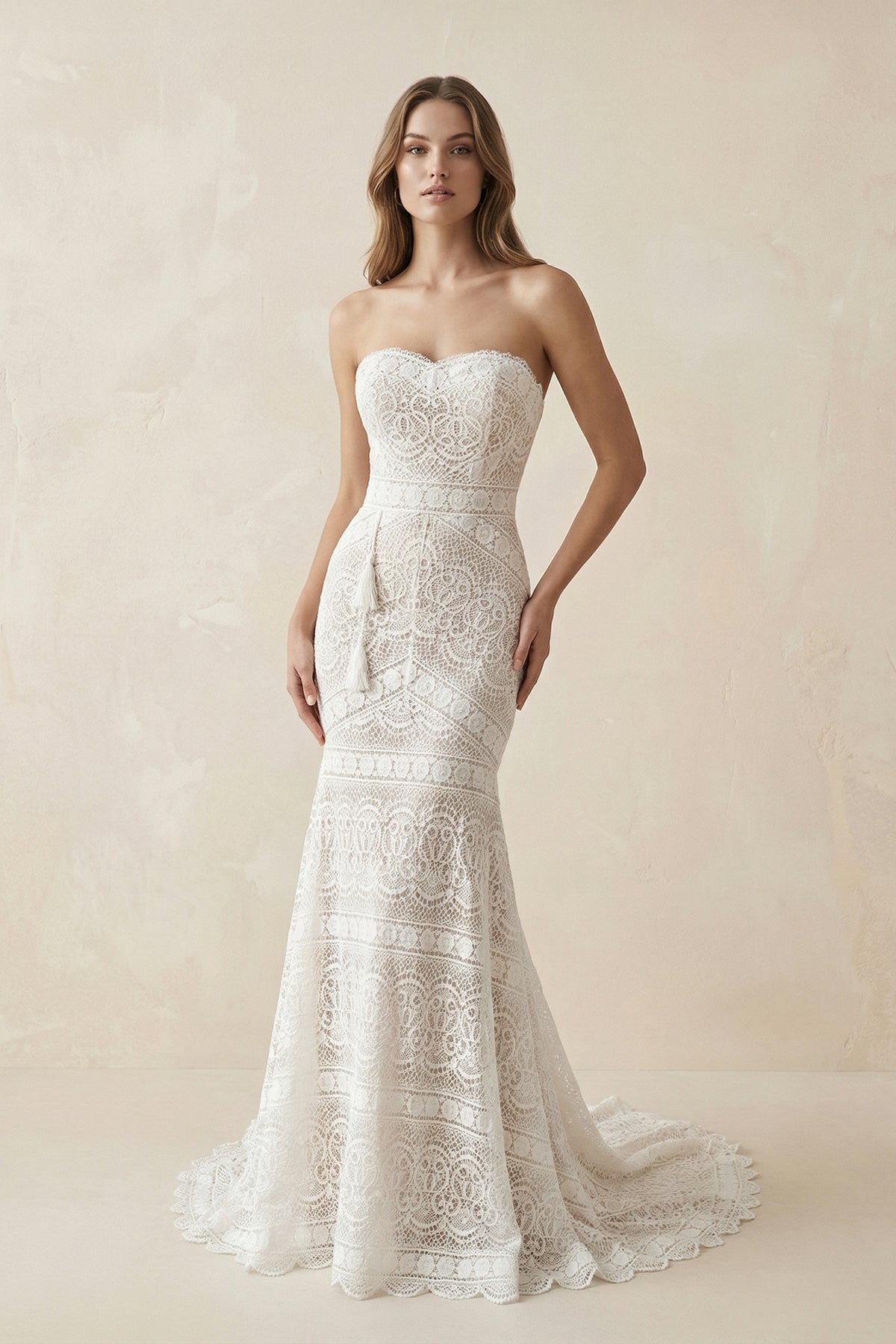 Lace Strapless Mermaid Boho Wedding Dress in Ivory - SHE IS ME Wedding Dresses