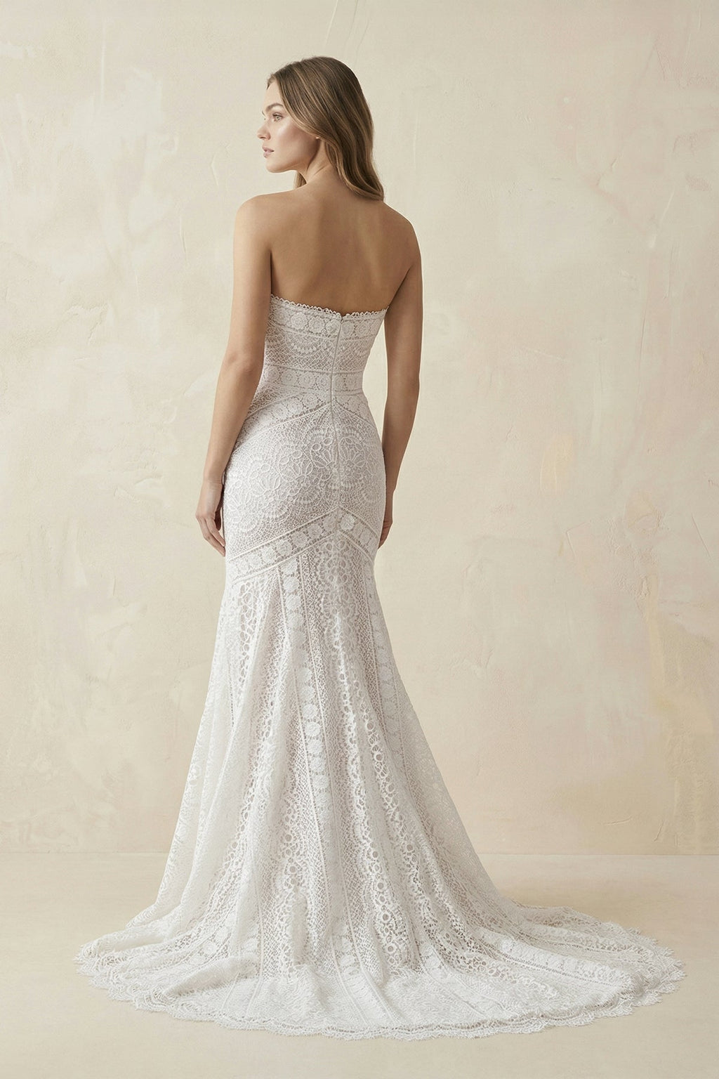 Lace Strapless Mermaid Boho Wedding Dress in Ivory - SHE IS ME Wedding Dresses