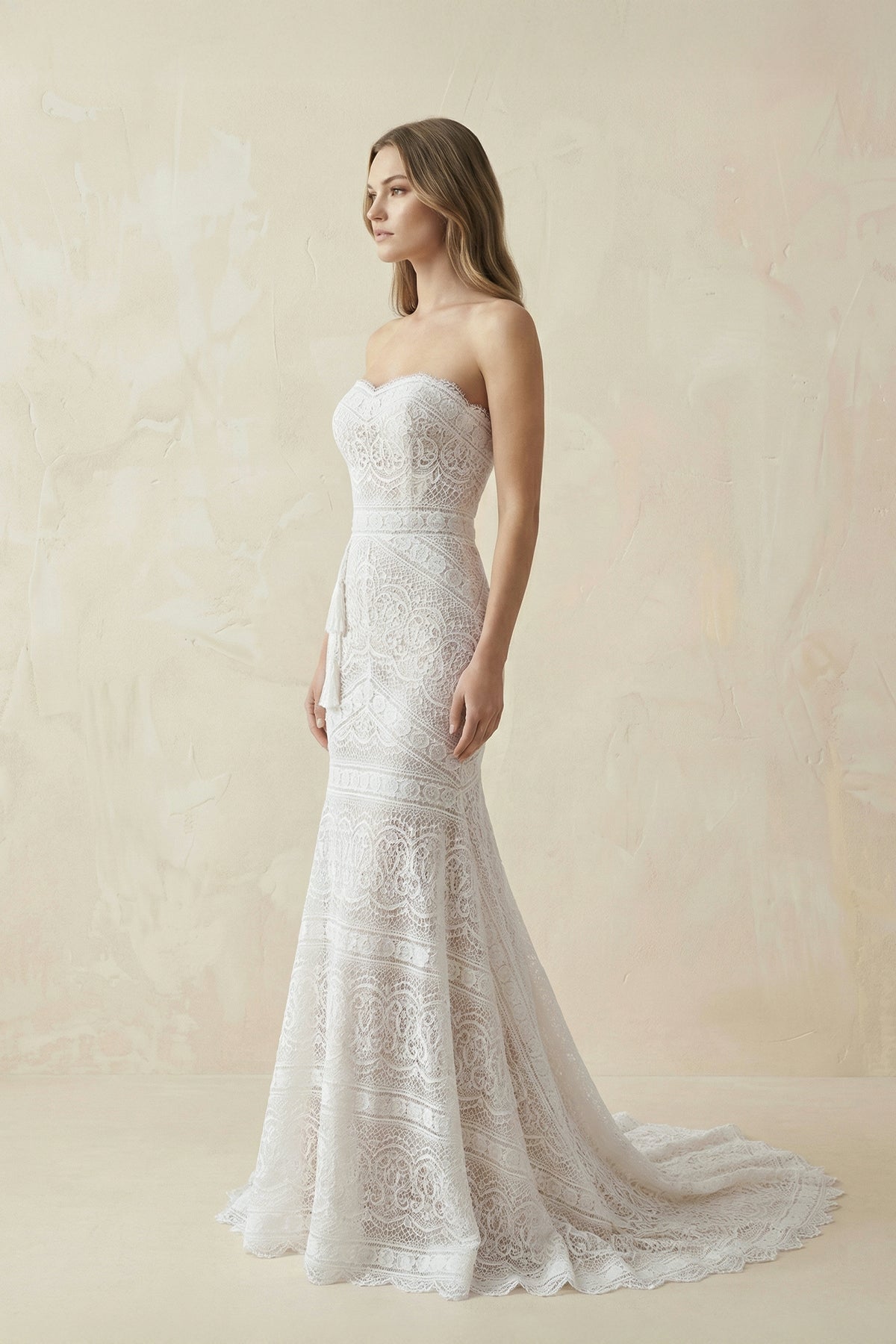 Lace Strapless Mermaid Boho Wedding Dress in Ivory - SHE IS ME Wedding Dresses