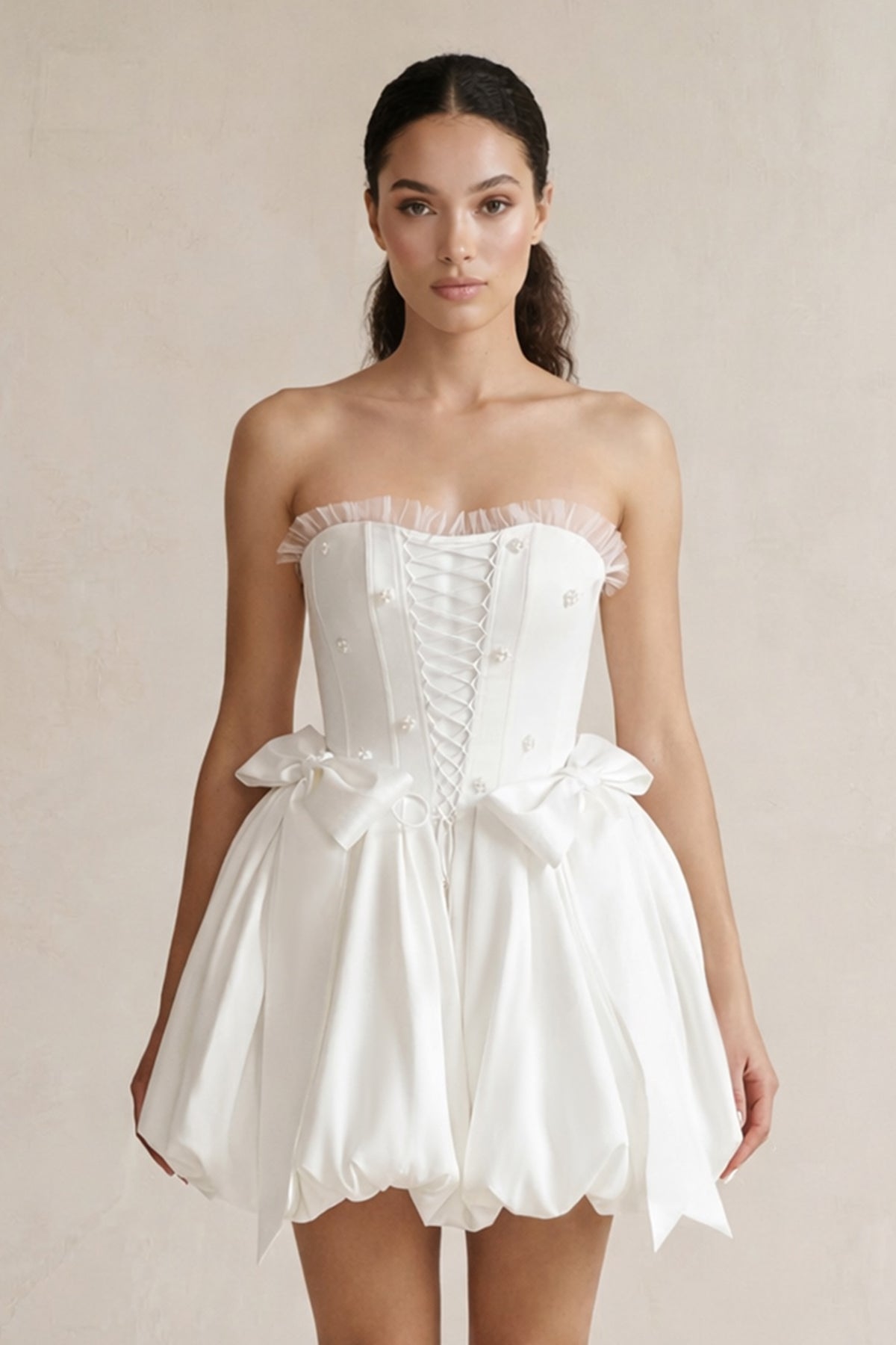 Lace - up Strapless Taffeta A - Line Wedding Dress With Bow in Ivory - SHE IS ME Wedding Dresses