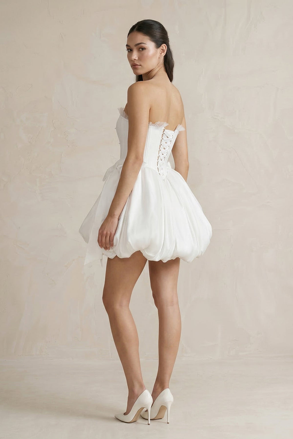 Lace - up Strapless Taffeta A - Line Wedding Dress With Bow in Ivory - SHE IS ME Wedding Dresses