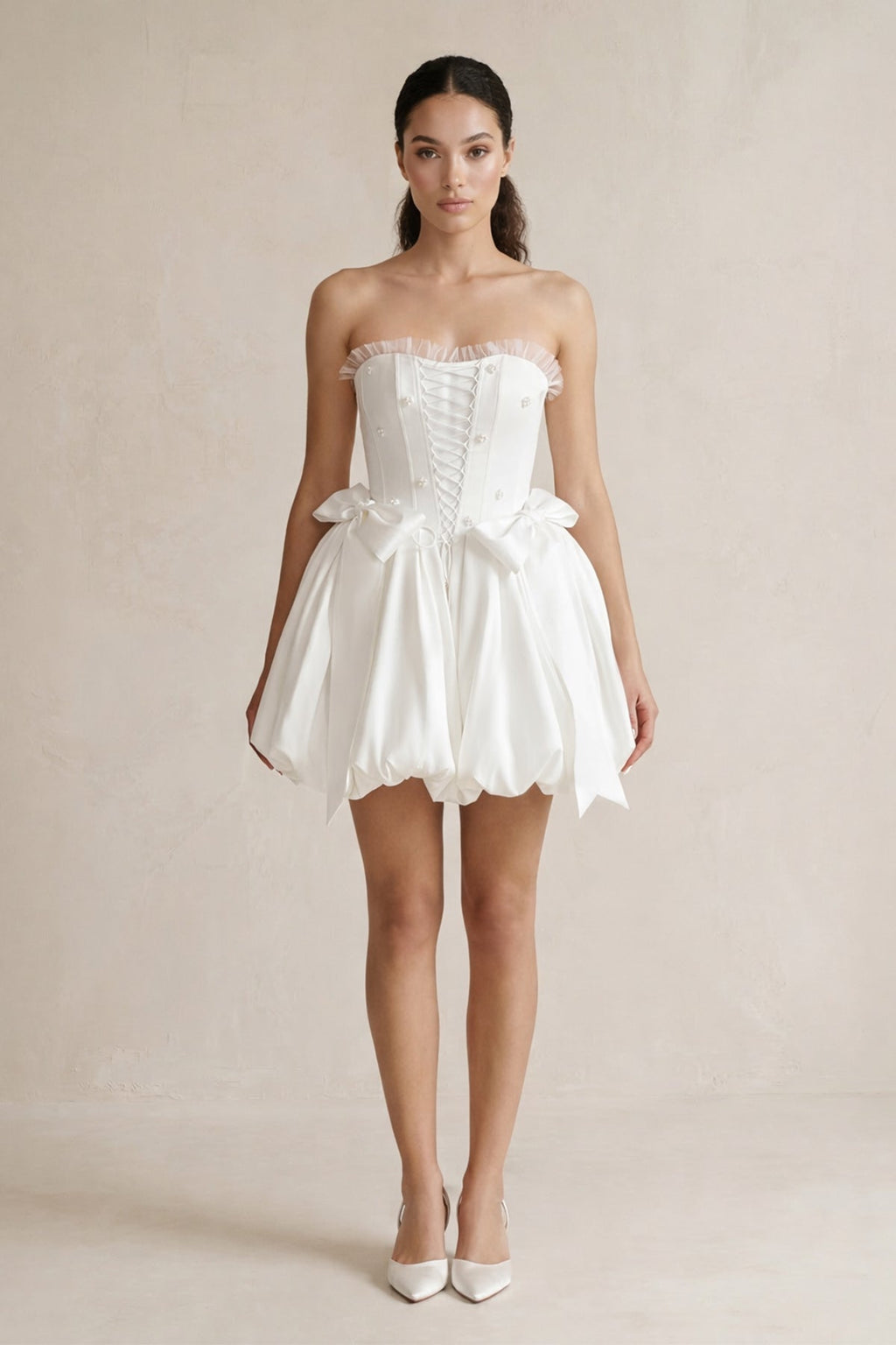 Lace - up Strapless Taffeta A - Line Wedding Dress With Bow in Ivory - SHE IS ME Wedding Dresses
