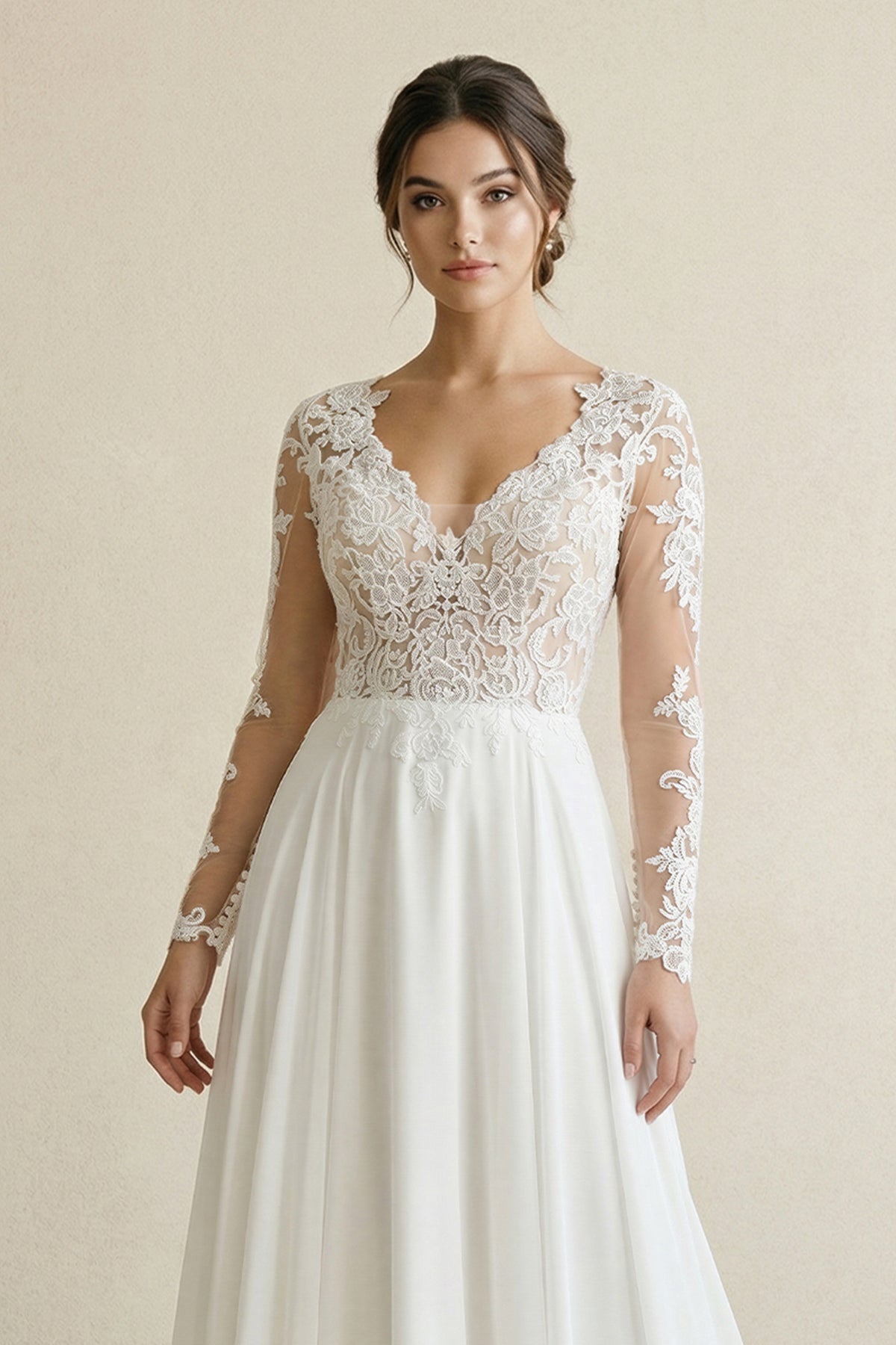 Lace V - Neck Long Sleeve Chiffon A - Line Wedding Dress in White - SHE IS ME Wedding Dresses