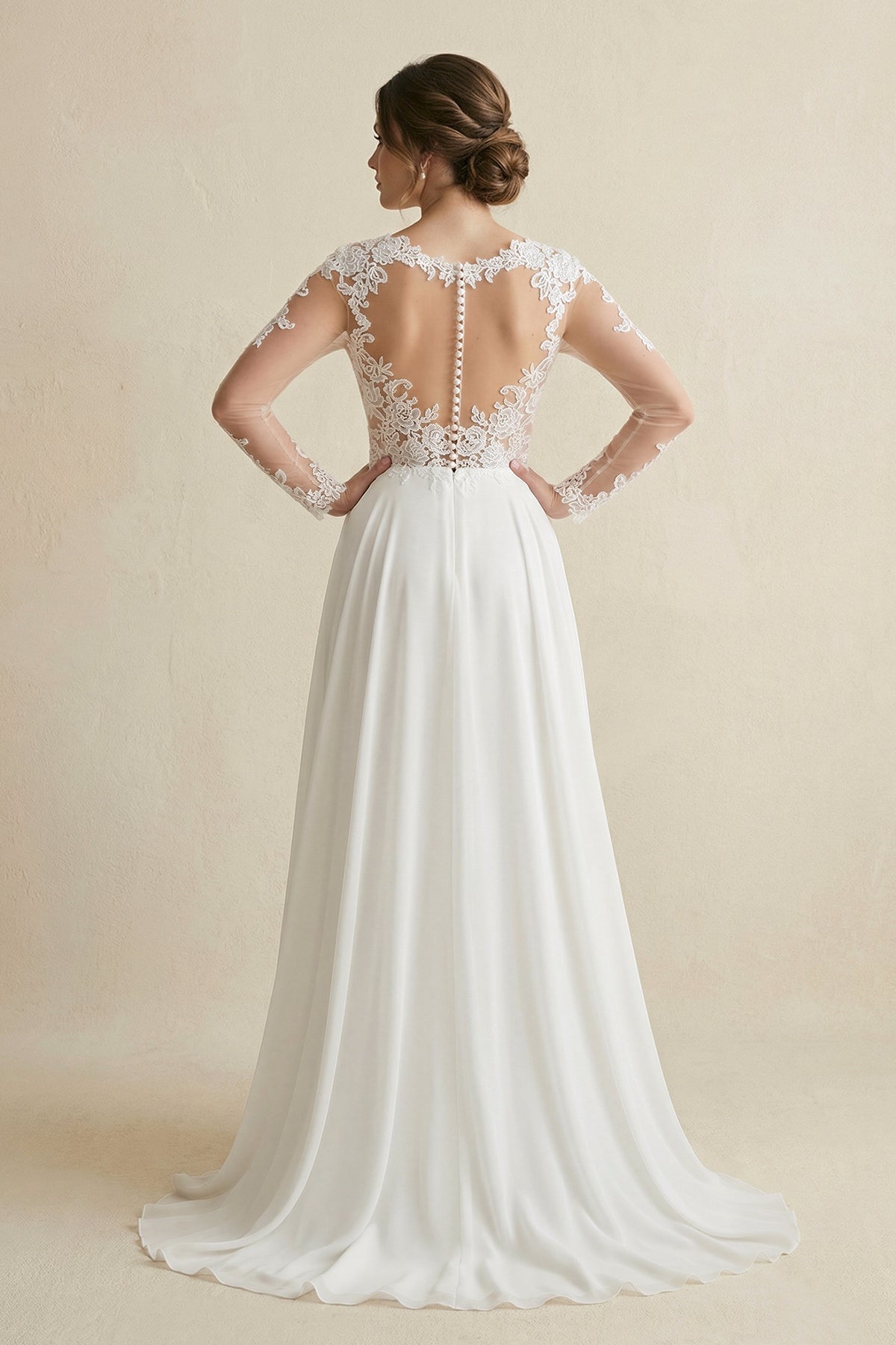 Lace V - Neck Long Sleeve Chiffon A - Line Wedding Dress in White - SHE IS ME Wedding Dresses