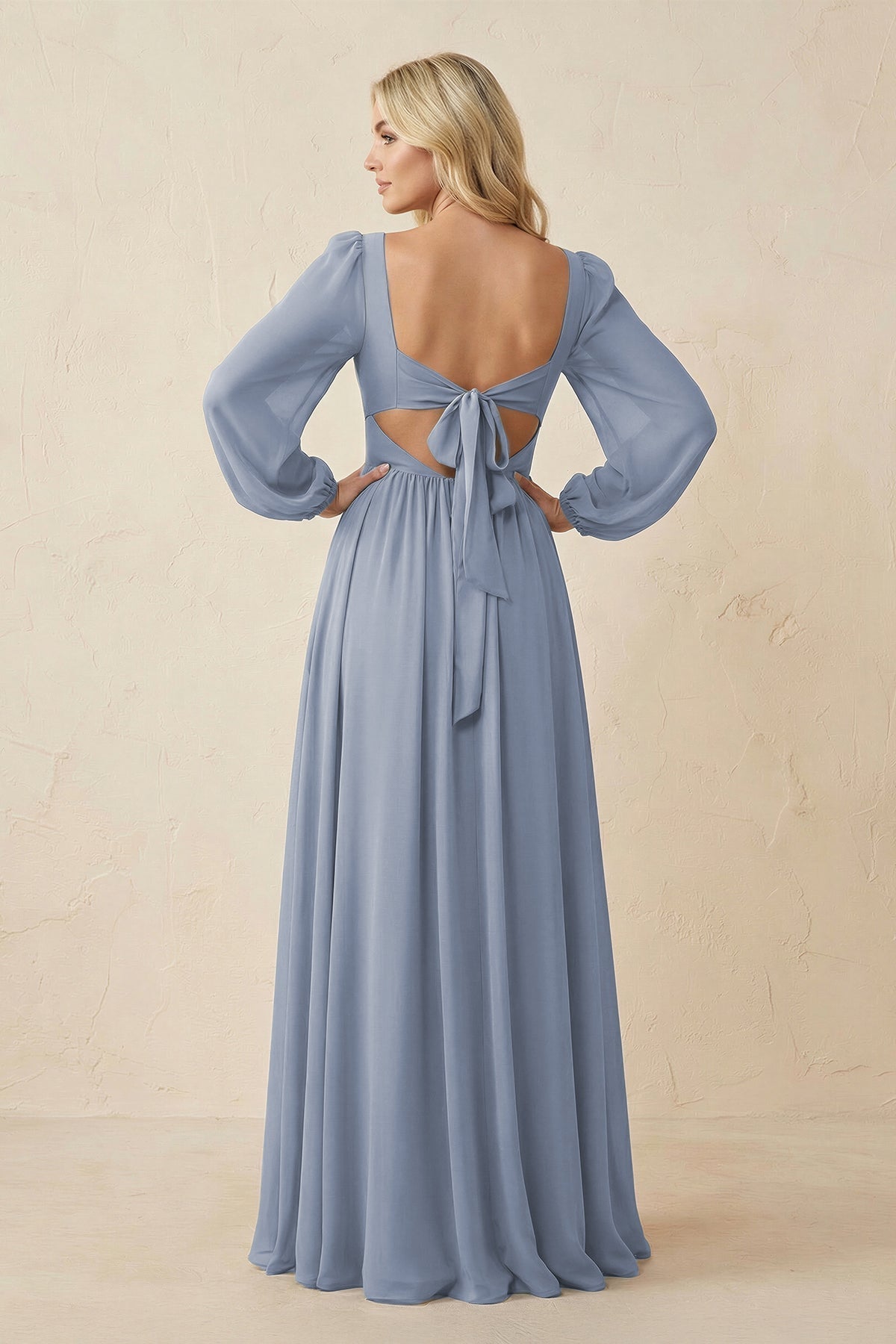 Long Sleeve V - Neck A - Line Chiffon Bridesmaid Dress in Twilight - SHE IS ME Bridesmaid Dresses