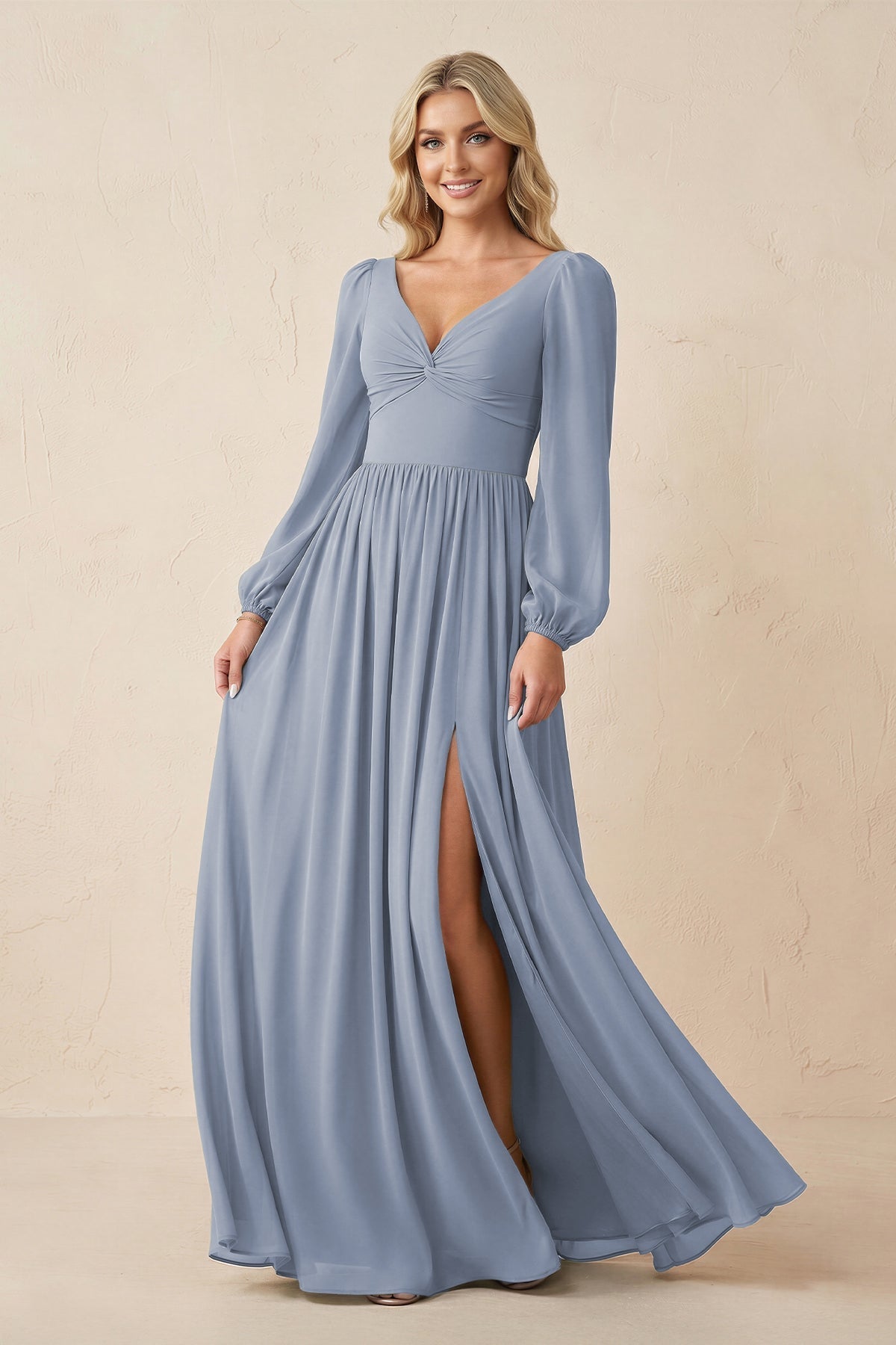 Long Sleeve V - Neck A - Line Chiffon Bridesmaid Dress in Twilight - SHE IS ME Bridesmaid Dresses