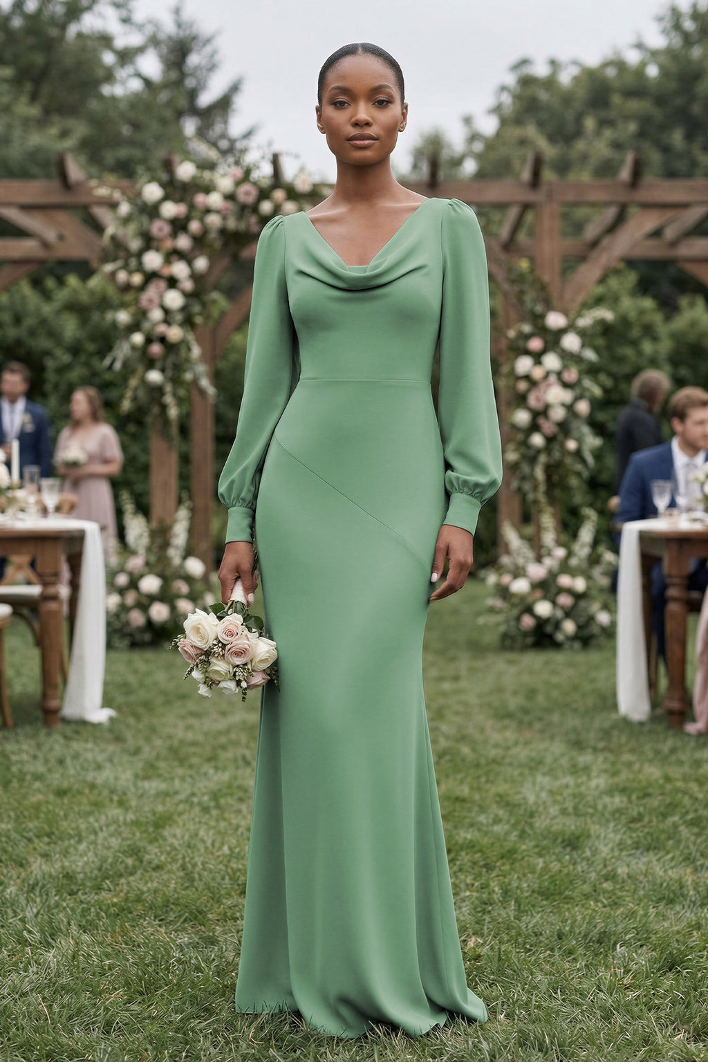 Long Sleeve V - Neck Sheath Chiffon Bridesmaid Dress in Sea Glass - SHE IS ME Bridesmaid Dresses