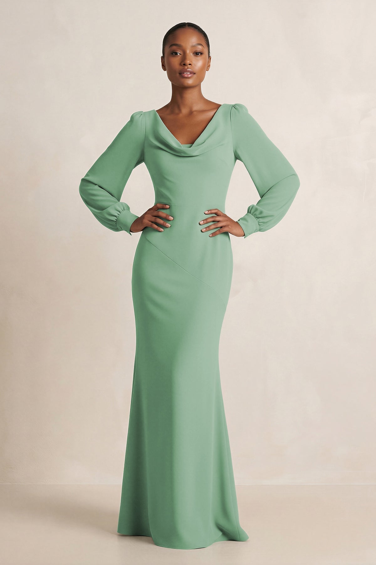 Long Sleeve V - Neck Sheath Chiffon Bridesmaid Dress in Sea Glass - SHE IS ME Bridesmaid Dresses