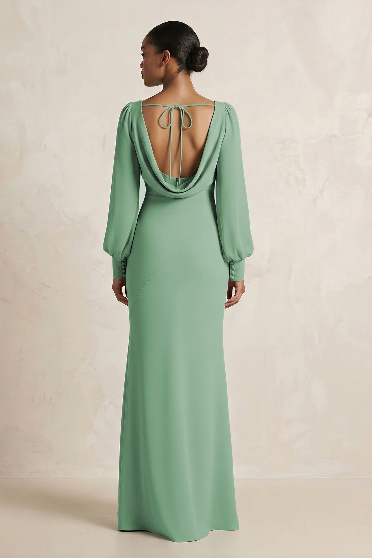 Long Sleeve V - Neck Sheath Chiffon Bridesmaid Dress in Sea Glass - SHE IS ME Bridesmaid Dresses