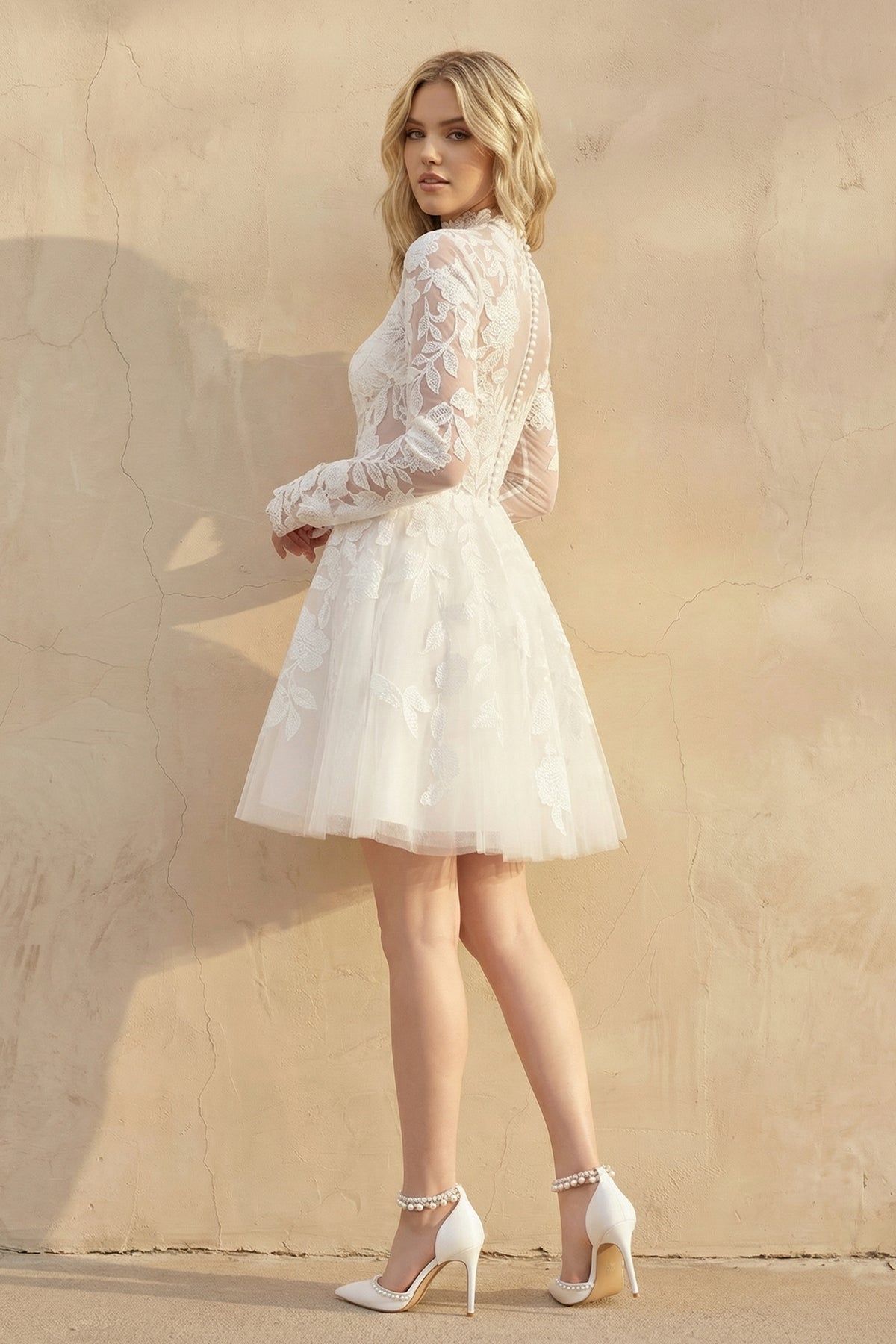 Long Sleeves A Line Lace Wedding Dress in Ivory - SHE IS ME Wedding Dresses