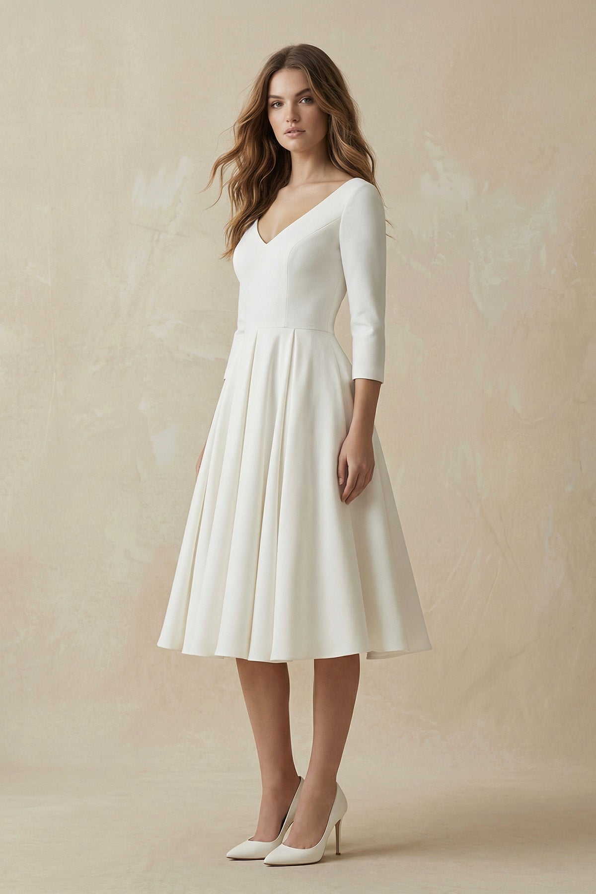 Long Sleeves A Line Satin Wedding Dress in White - SHE IS ME Wedding Dresses