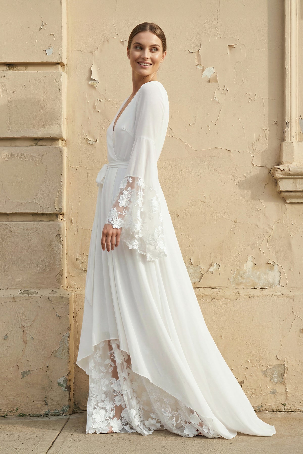 Long Sleeves V Neck Lace Wedding Dress in White - SHE IS ME Wedding Dresses