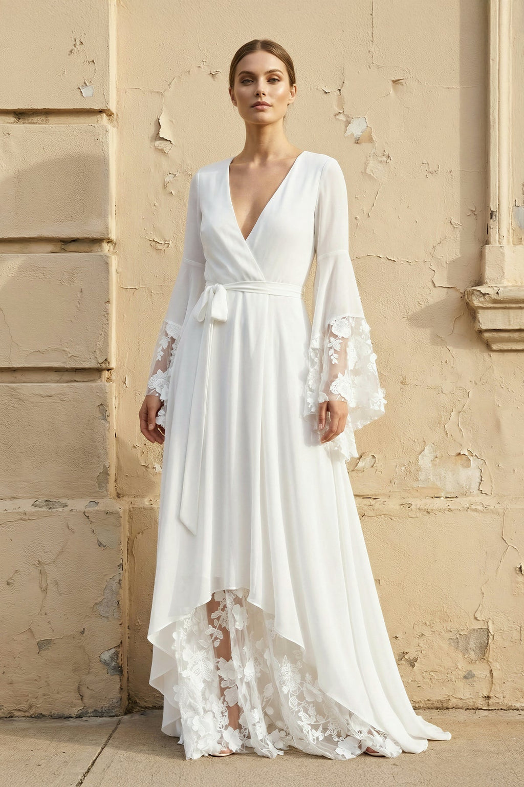Long Sleeves V Neck Lace Wedding Dress in White - SHE IS ME Wedding Dresses
