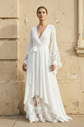 Long Sleeves V Neck Lace Wedding Dress in White - SHE IS ME Wedding Dresses