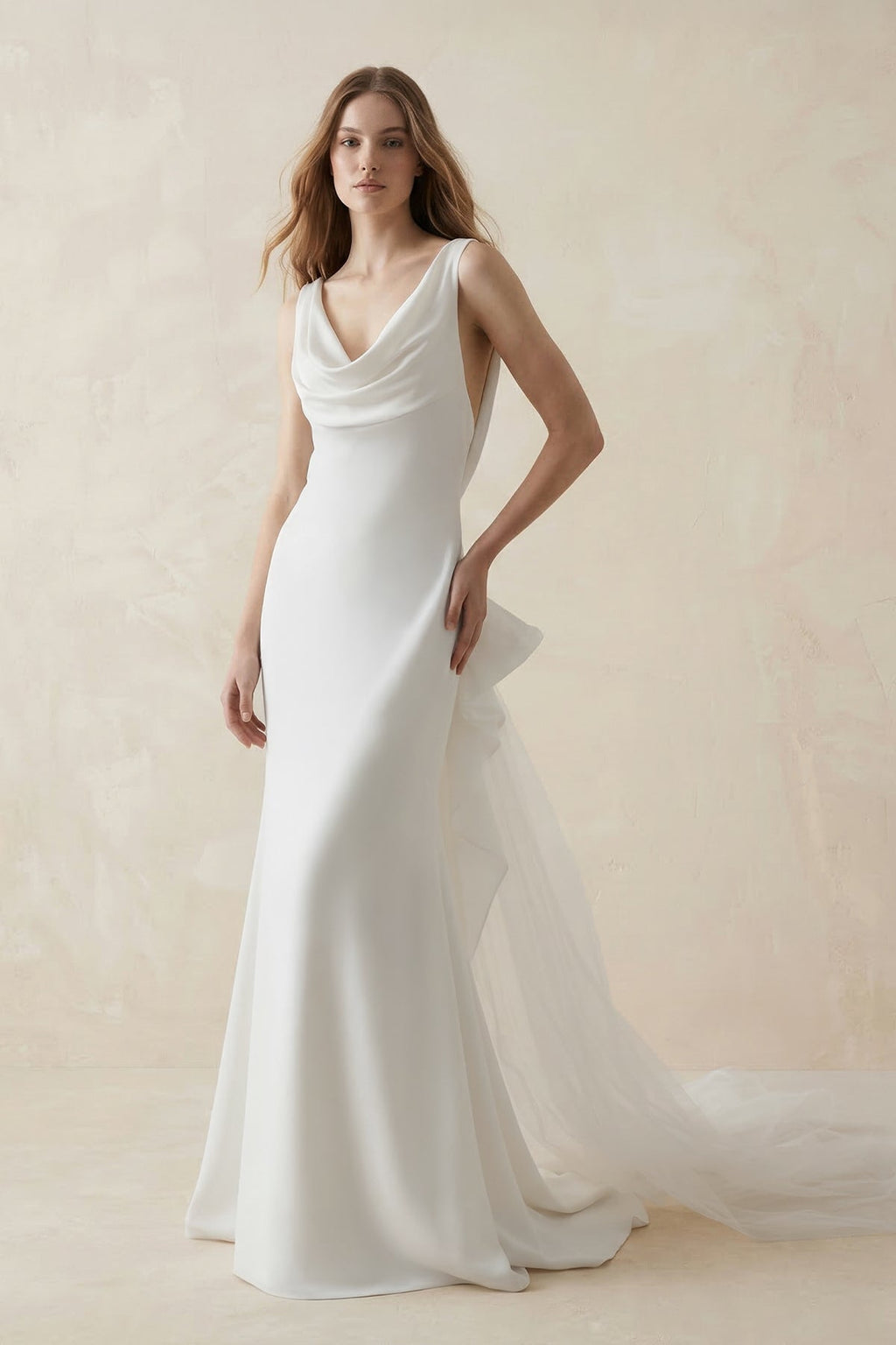 Mermaid Crepe Cowl Neck Wedding Dress with Train in White - SHE IS ME Wedding Dresses