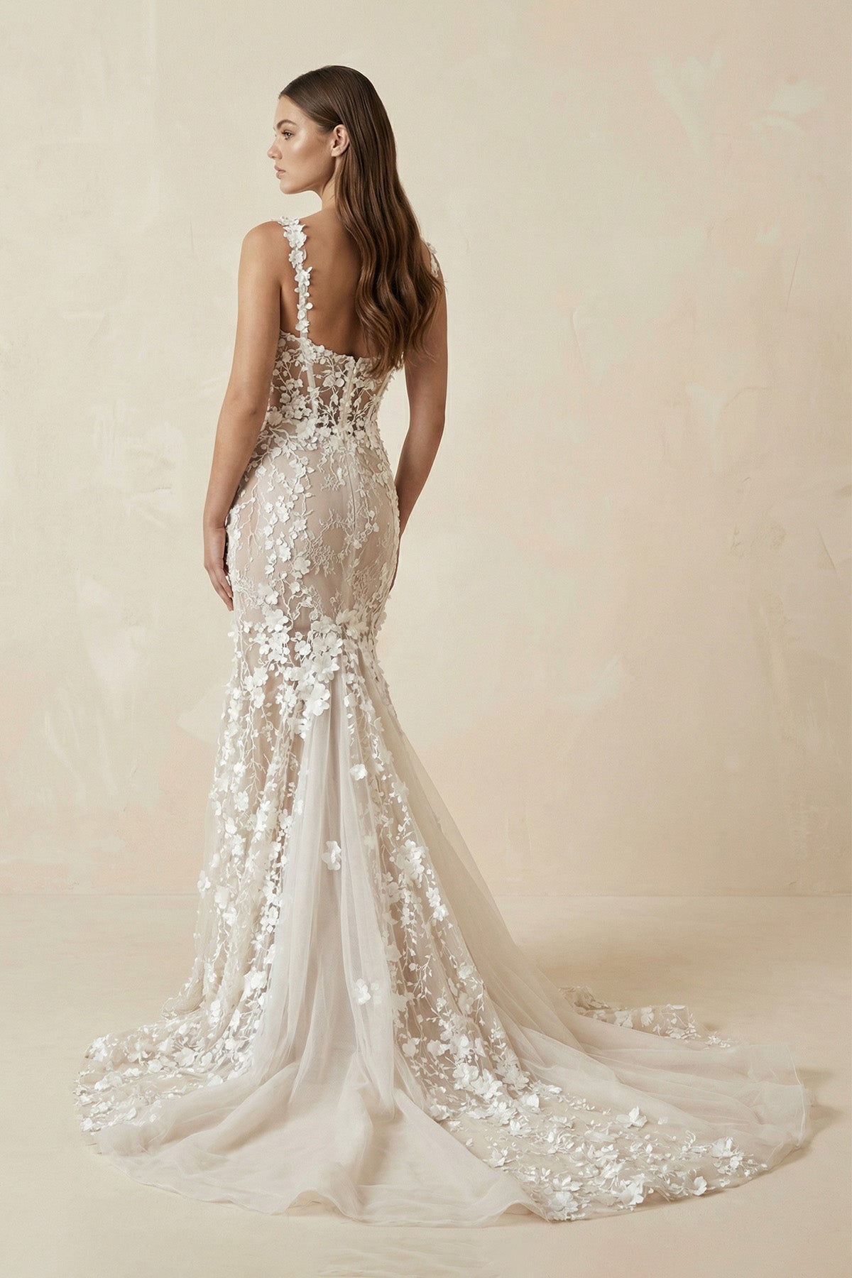 Mermaid Floral Lace Wedding Dress with Spaghetti Straps - SHE IS ME Wedding Dresses