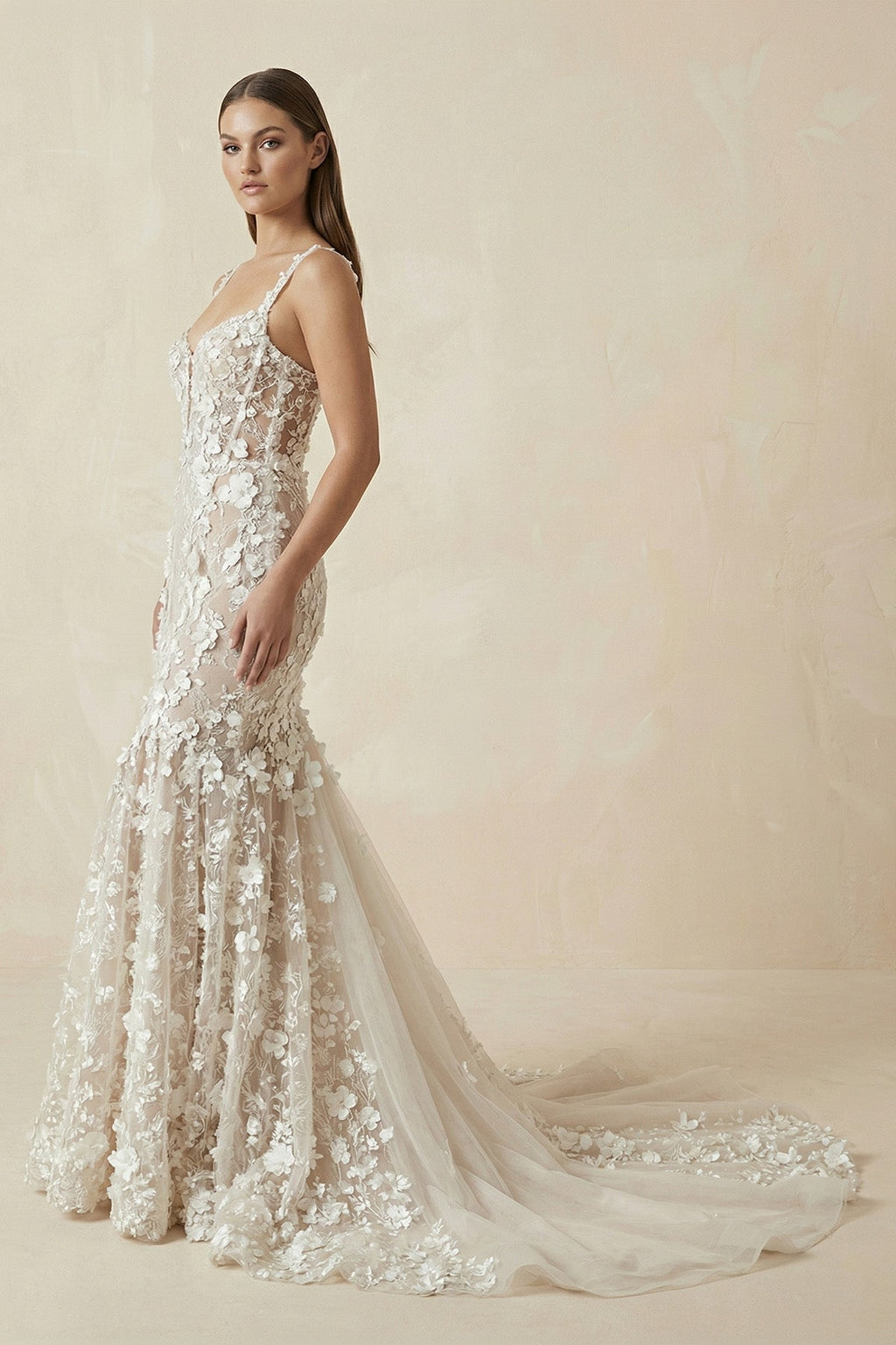 Mermaid Floral Lace Wedding Dress with Spaghetti Straps - SHE IS ME Wedding Dresses