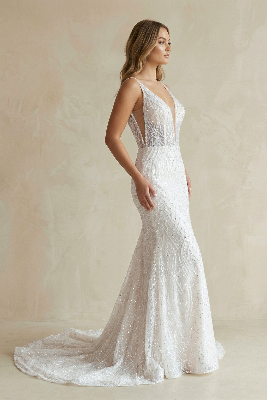 Mermaid Lace Deep V Long Wedding Dress in Ivory - SHE IS ME Wedding Dresses