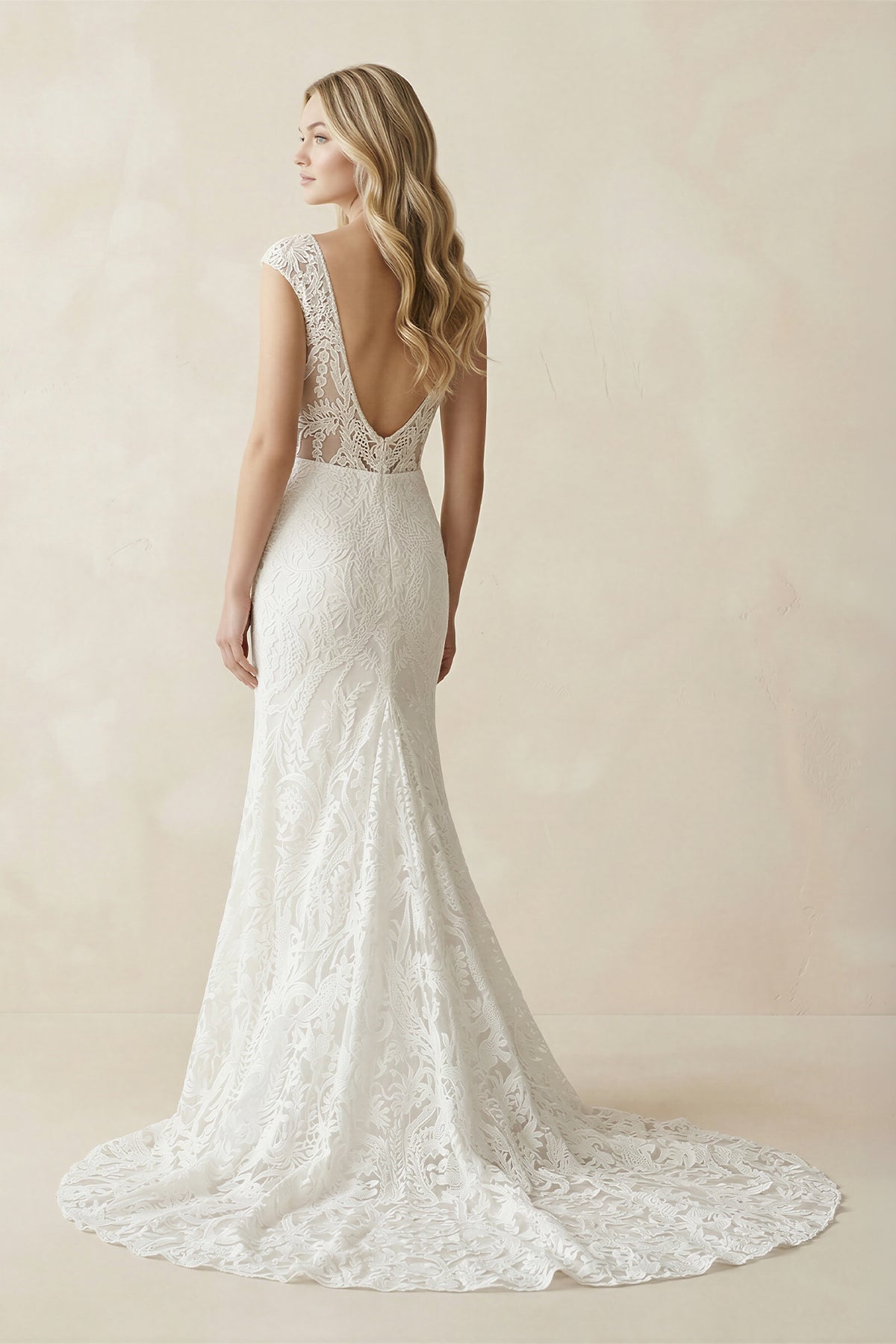 Mermaid Lace Illusion Neck Cap Sleeve Wedding Dress in White - SHE IS ME Wedding Dresses