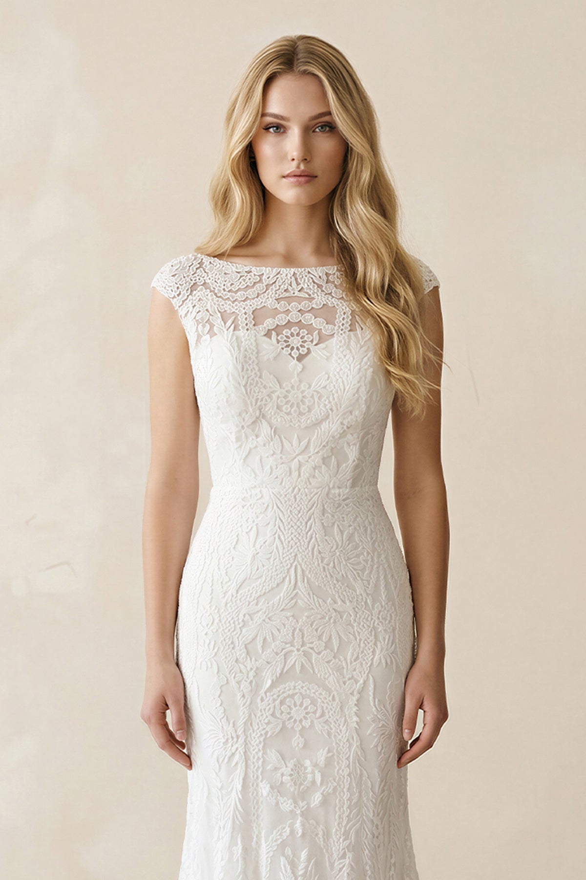 Mermaid Lace Illusion Neck Cap Sleeve Wedding Dress in White - SHE IS ME Wedding Dresses