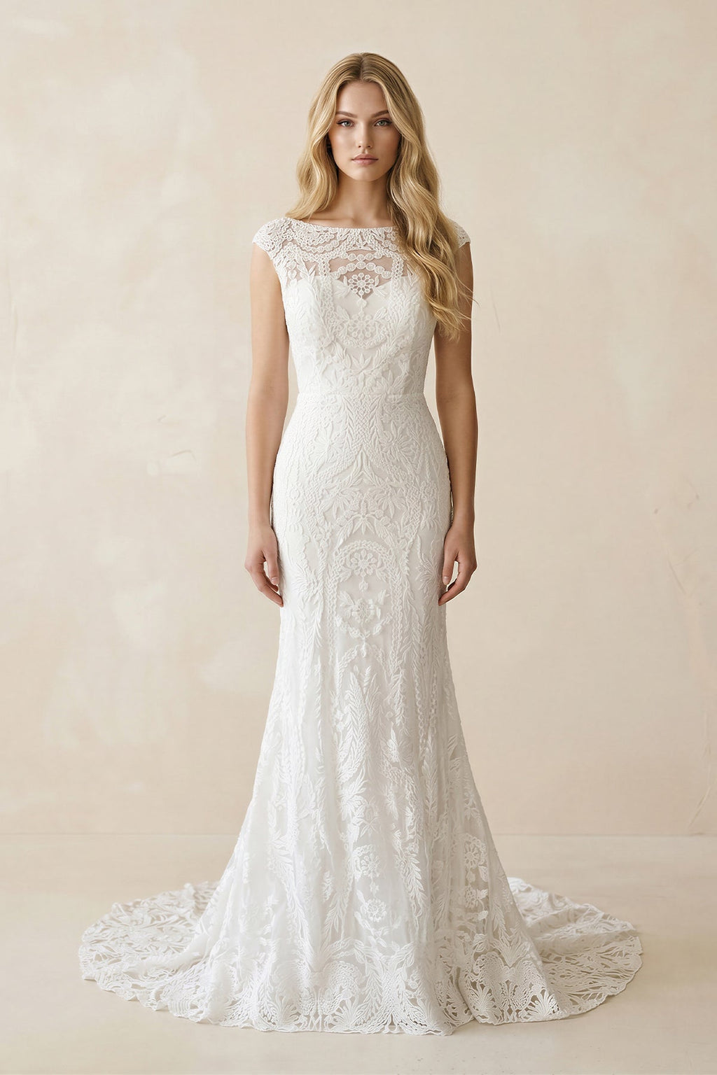 Mermaid Lace Illusion Neck Cap Sleeve Wedding Dress in White - SHE IS ME Wedding Dresses