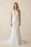Mermaid Lace Illusion Neck Cap Sleeve Wedding Dress in White - SHE IS ME Wedding Dresses