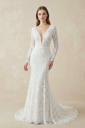 Mermaid Lace V - Neck Long Sleeves Wedding Dress in White - SHE IS ME Wedding Dresses