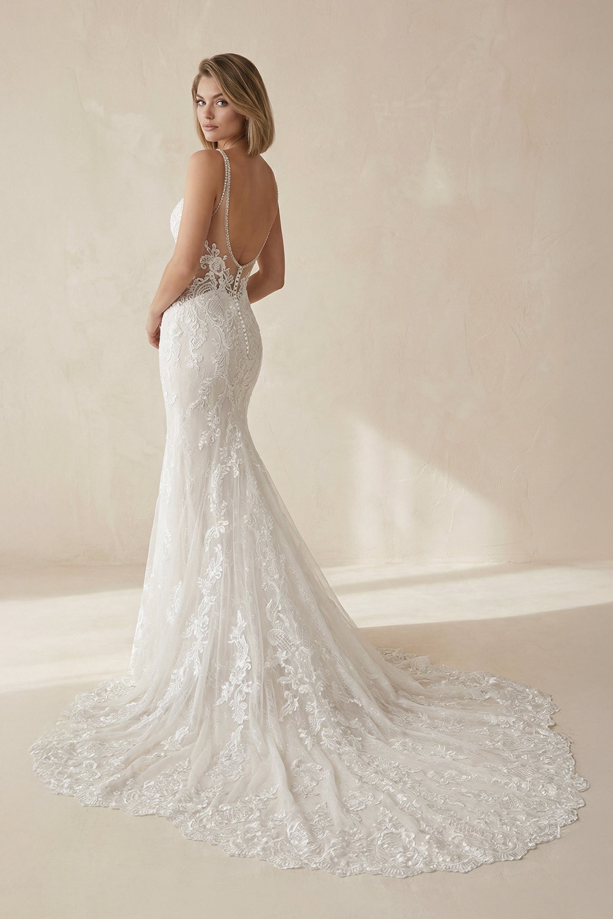 Mermaid Lace V Neck Wedding Dress in Ivory - SHE IS ME Wedding Dresses