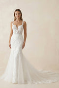 Mermaid Lace V Neck Wedding Dress in White - SHE IS ME Wedding Dresses