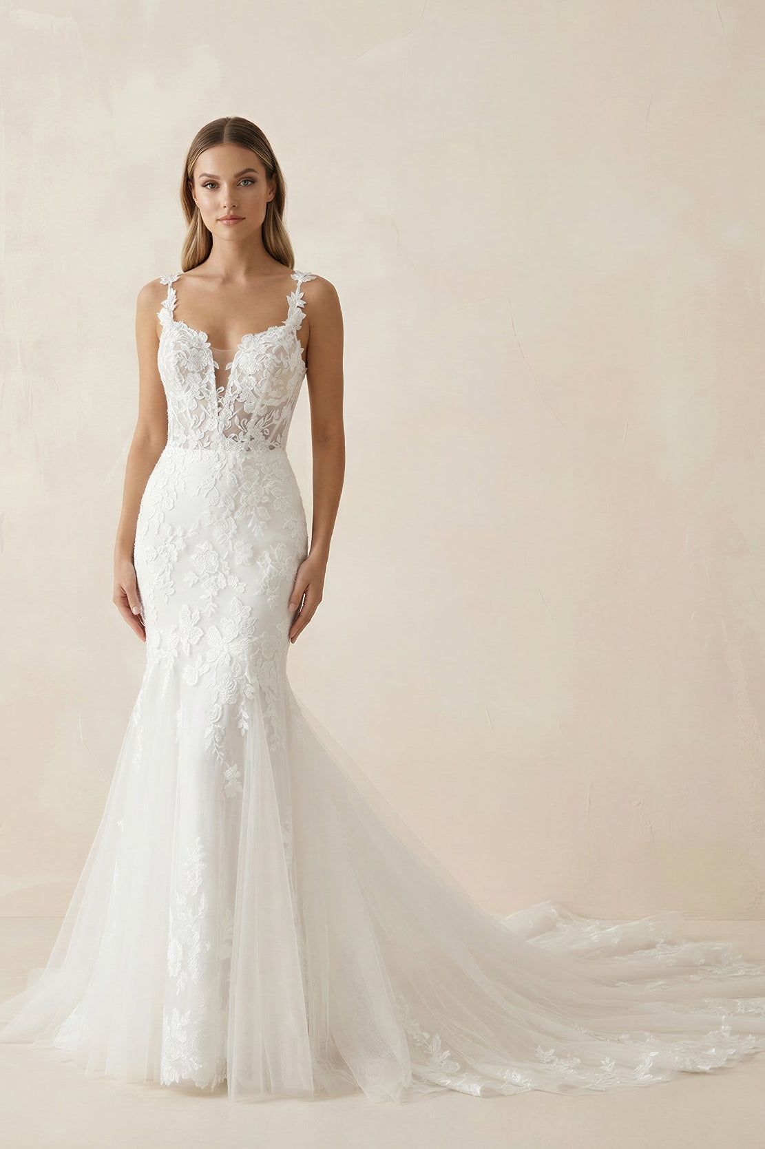 Mermaid Lace V Neck Wedding Dress in White - SHE IS ME Wedding Dresses
