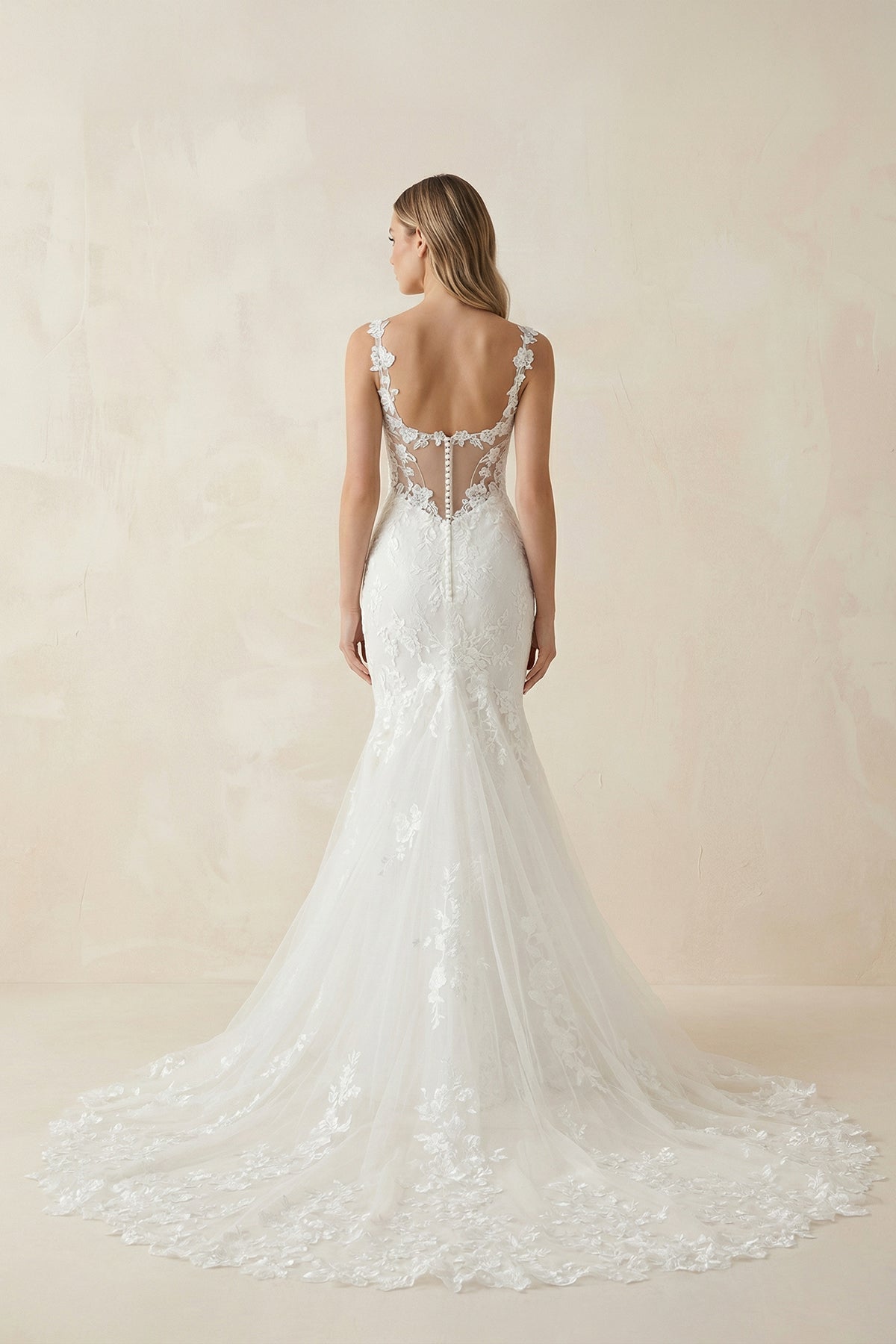 Mermaid Lace V Neck Wedding Dress in White - SHE IS ME Wedding Dresses