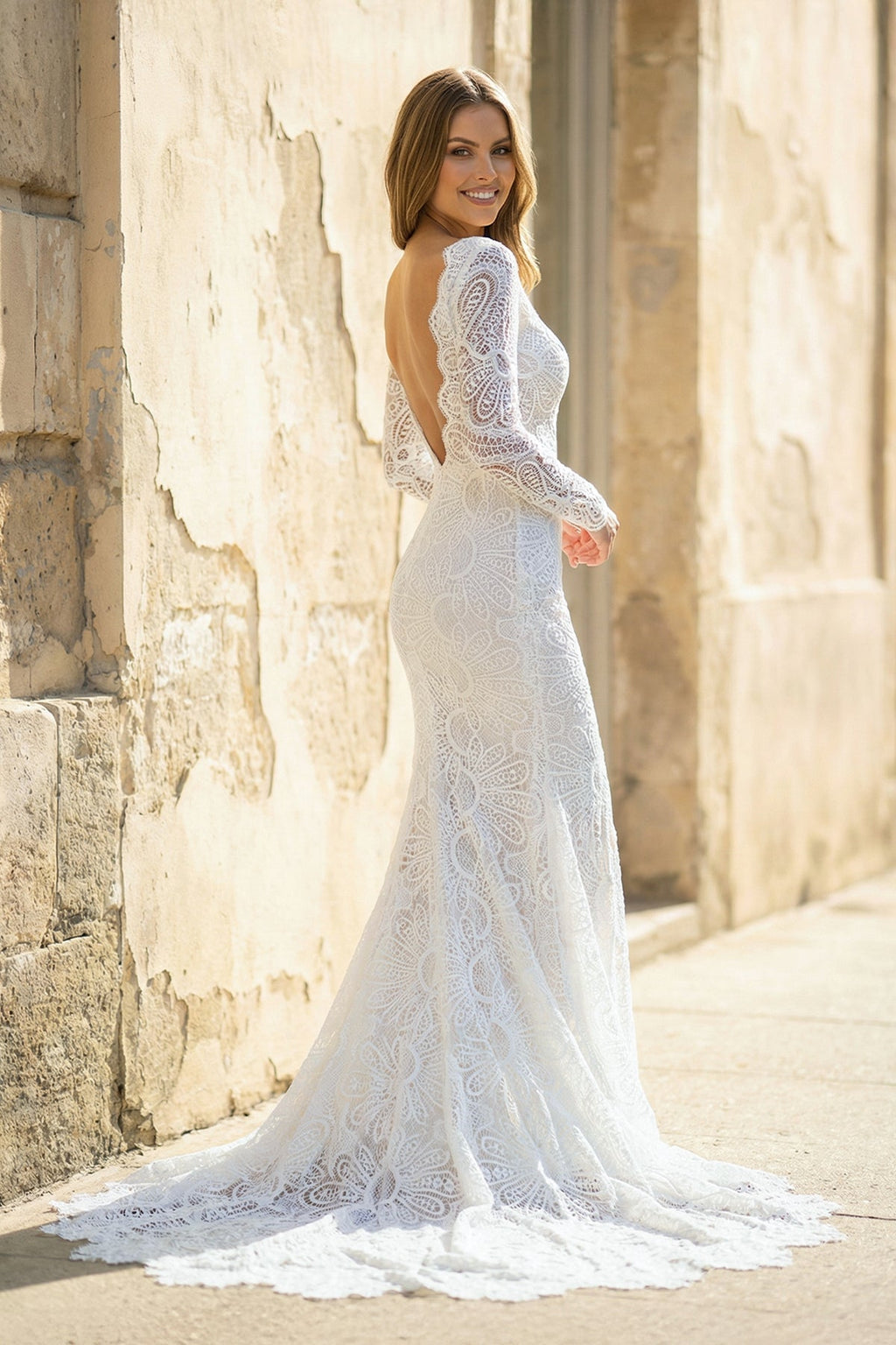 Mermaid Long Sleeves Lace Wedding Dress With Slit in White - SHE IS ME Wedding Dresses