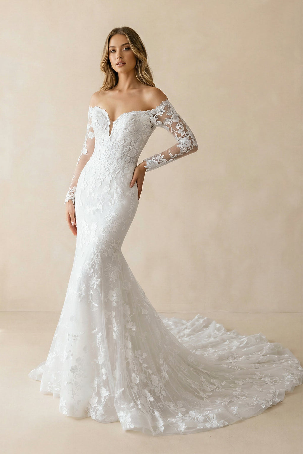 Mermaid Long Sleeves Off The Shoulder Lace Wedding Dress in White - SHE IS ME Wedding Dresses